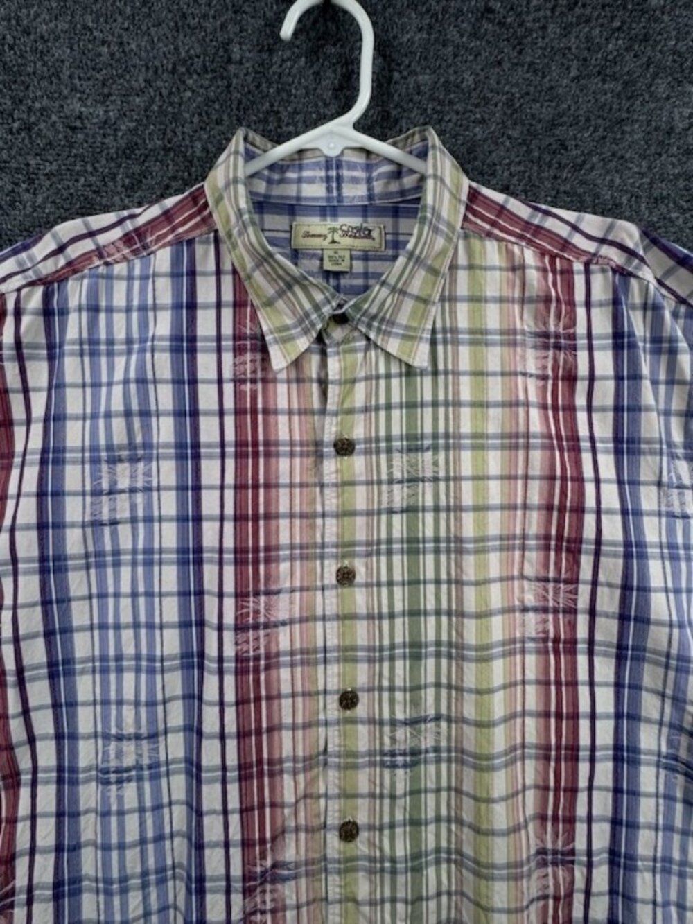 Tommy Bahama Colorful Blue Red Short Sleeve XL All Silk Plaid Hawaiian Resort